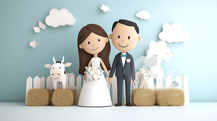 Cartoon bride and groom with farm animals.