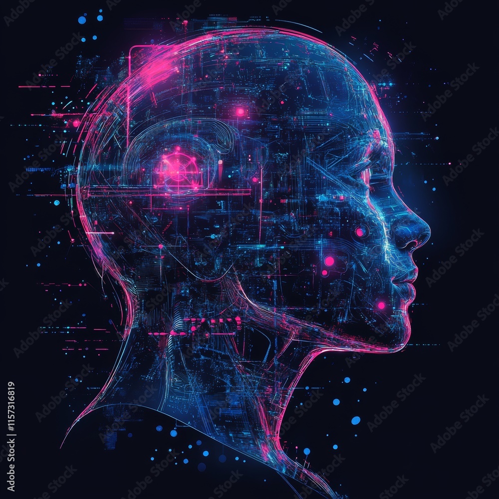 Poster digital representation of a human head with glowing circuits and data patterns showcasing the fusion
