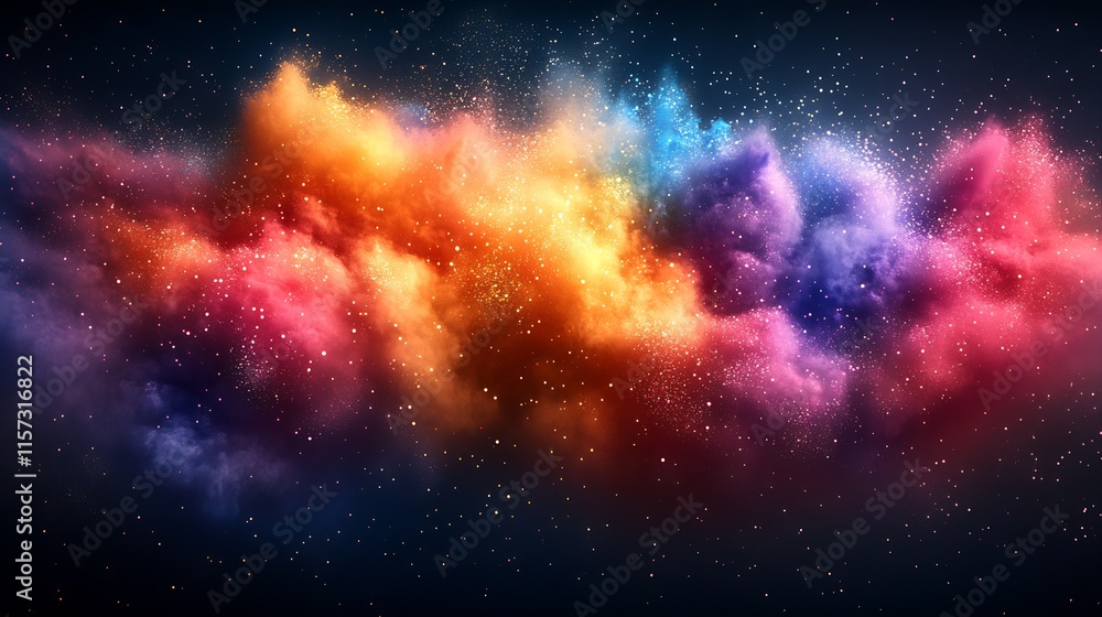 Poster iridiscent multicolored cloud of powder in cosmic galactic expanse : generative ai