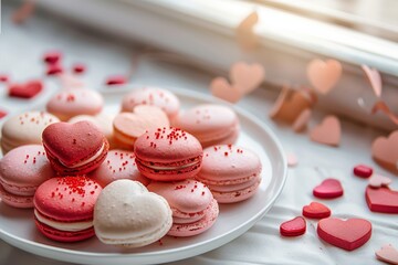 Fototapeta premium Heart-shaped macarons on light background