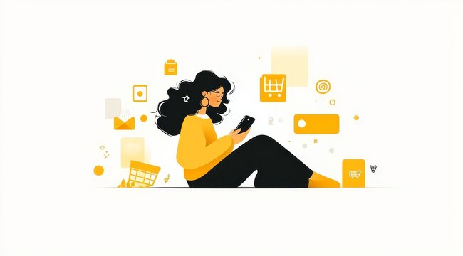 Young Woman Using Smartphone While Surrounded by Shopping Icons in a Vibrant, Minimalist Digital Illustration