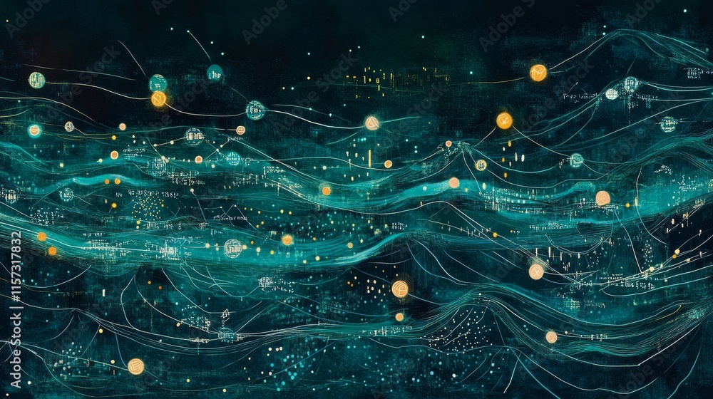 Aufkleber Conceptual Representation of Digital Communication and Data Flow Through Interconnected Networks Showcasing Swirling Patterns and Luminous Nodes