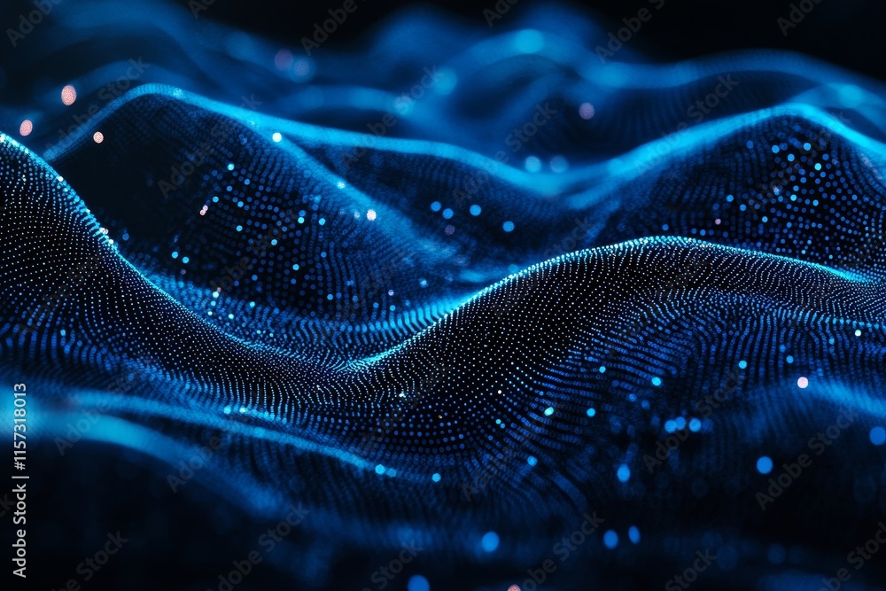 Poster waves of glowing blue particles create an abstract representation of sound and movement in a digital