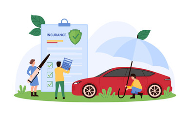 Team members managing car insurance. One holds a calculator, another checks off items on a list, while a third person places an umbrella over a car, representing protection vector illustration.