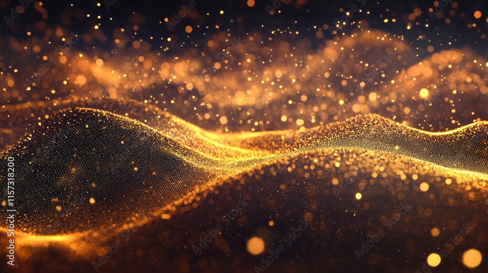 Poster golden particles create a mesmerizing wave pattern resembling flowing sand under soft light at a clo