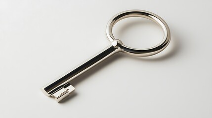A silver key is displayed, lying on its side against a white background