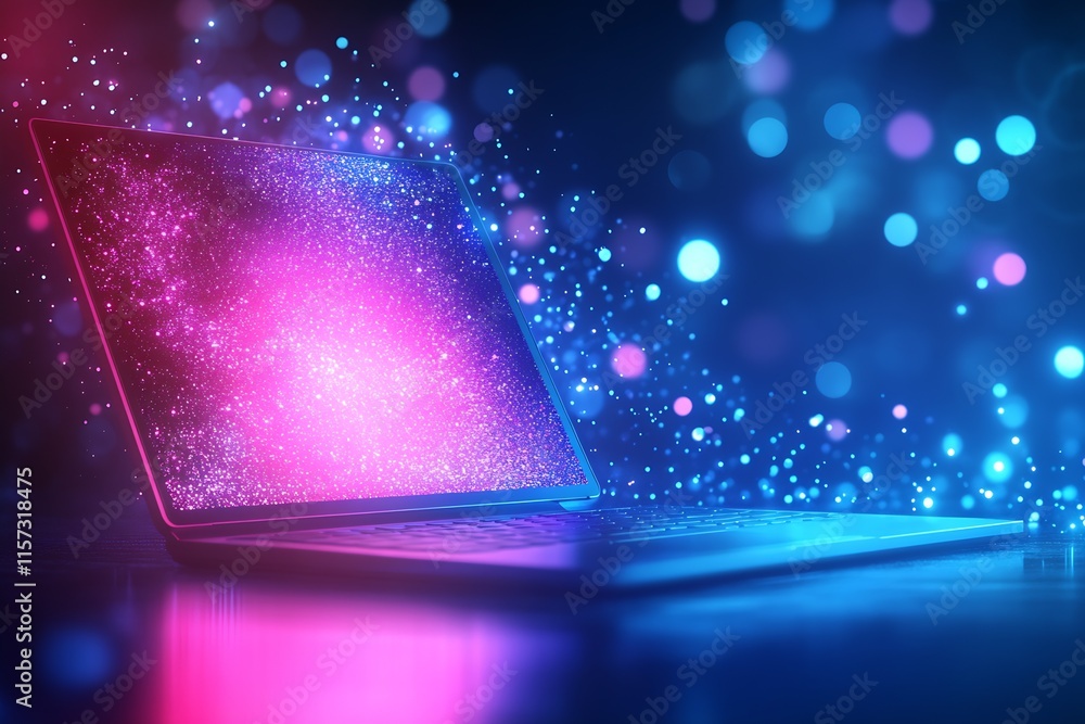 Aufkleber Modern Laptop with Sparkling Neon Display and Dreamlike Visual Effects : Generative AI