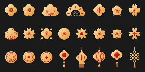 Chinese asian abstract golden elements, flowers, lucky coins, Chinese lanterns for Chinese New Year, Mid-Autumn Festival and Chinese holidays. Vector design collection isolated on black background
