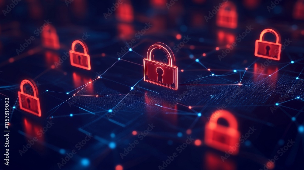 Poster digital security representations with glowing locks and network connections in a cyber technology en