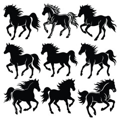 Black color Running horse silhouette vector art and illustration