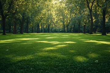Obraz premium Lush green lawn with well-maintained grass and trees in the background, empty park setting showcasing natural beauty, ideal for creative advertising or visual storytelling.