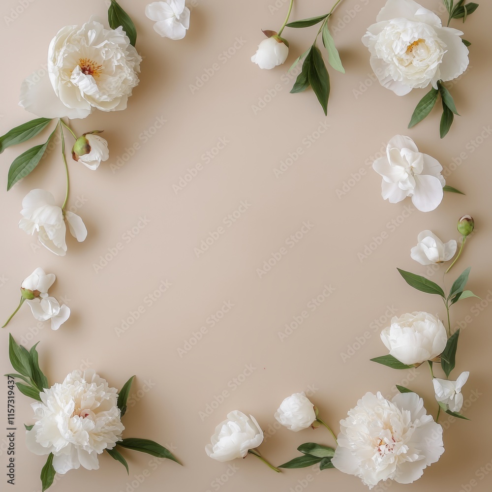 Poster elegant white peonies arranged in a circular pattern on a soft beige background for a serene and del