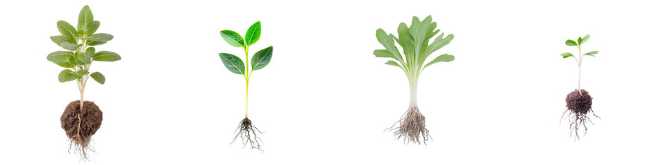Obraz premium Various Stages of Plant Growth with Roots and Leaves Isolated on a White Background for Botanical Education