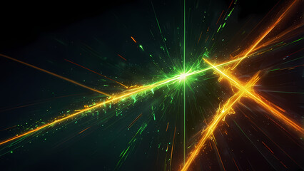 Fototapeta premium A dynamic plasma beam-themed background, where sharp, angular beams of fluorescent green and orange crisscross each other.