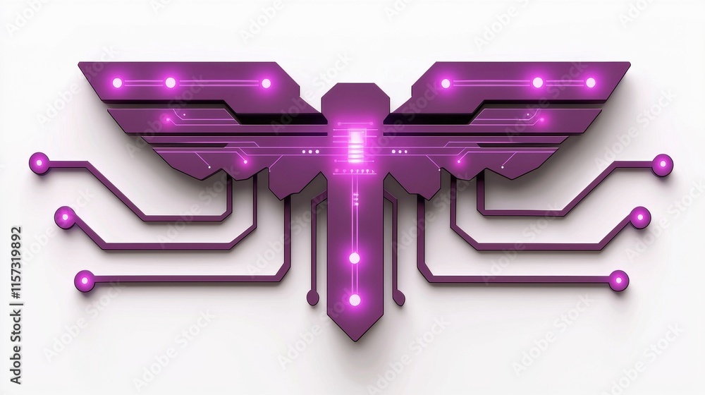 Poster futuristic digital design with abstract wings and circuit patterns in vibrant purple color