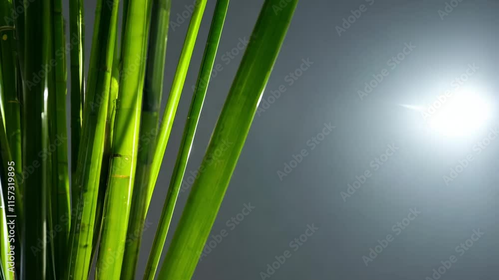 Poster camera rotates around a cluster of green bamboo video against a dark grey background with empty spac