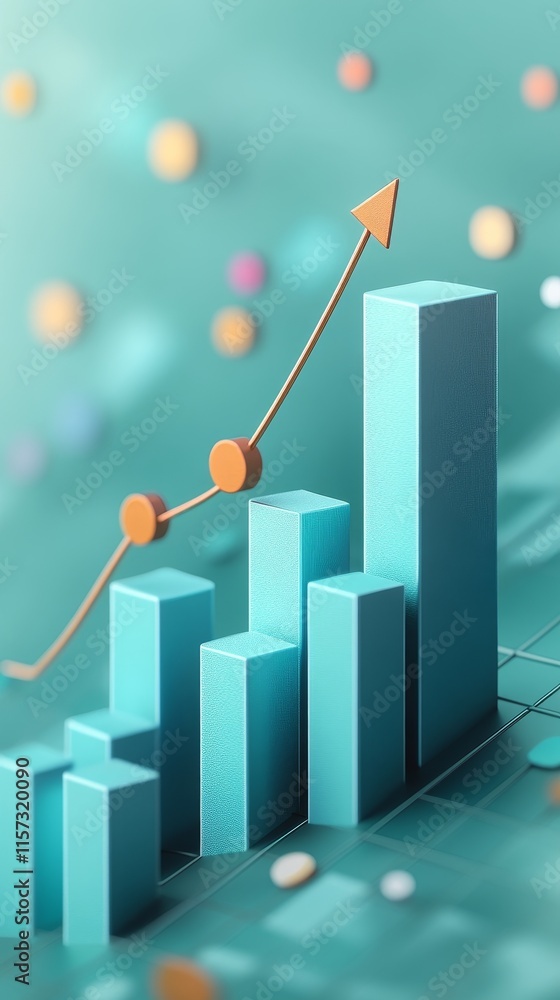 Poster visual representation of growth through bar charts with arrows indicating upward trends in analytics