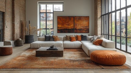 This image showcases a warm and inviting living room with earthy tones, large windows, and modern furniture, creating a calm atmosphere.