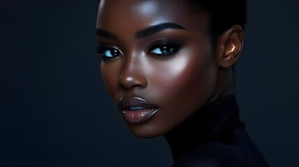 A beautiful fashion model of African descent looking straight at the camera in a dark-toned studio product photoshoot.concept for fashion and cosmetics product advertising, blending elegance, cultural