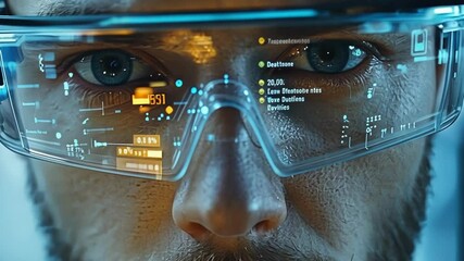 A close portrait of a factory technician with AR glasses immersed in a virtual workspace that overlays technical instructions for assembling a complex component.