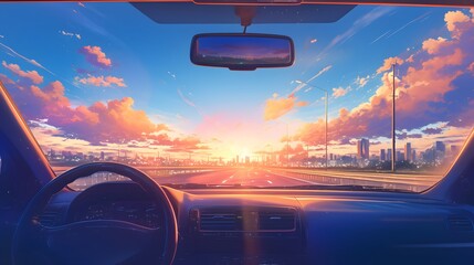 Vibrant sunset viewed from a car dashboard, scenic anime landscape with soft lighting.