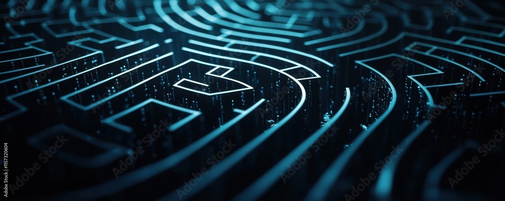 Fototapete Optical Illusions and Perception Concepts. A dark abstract image featuring intricate lines and patterns illuminated in blue, evoking a sense of technology and complexity.