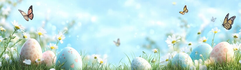 Fototapeta premium A serene Easter landscape featuring pastel-colored eggs, vibrant flowers, and fluttering butterflies under a clear blue sky, symbolizing the joy of spring and the Easter celebration.