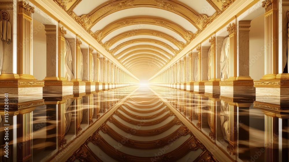 Poster optical illusions and perception concepts. a grand architectural corridor reflects golden hues, lead