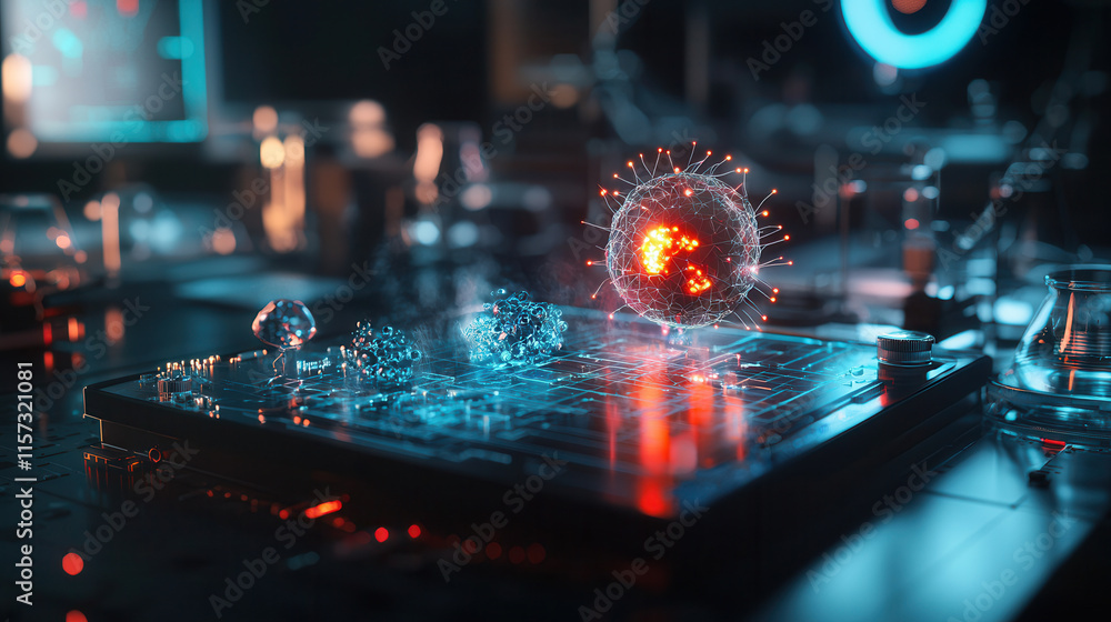 Poster futuristic design of ai powered diagnostic tools with glowing elements and molecular structures