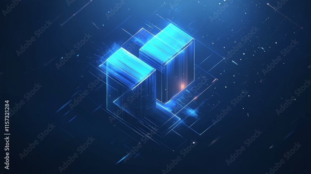 Poster digital abstract design featuring glowing blue rectangular shapes amid a dark cosmic background in a