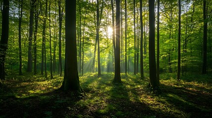 Obraz premium Sunlight filtering through the branches of a dense forest in early spring, illuminating the fresh green leaves and casting long shadows on the ground