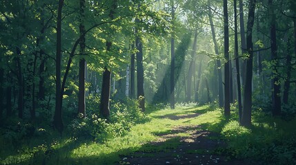 Obraz premium Sunlight filtering through the branches of a dense forest in early spring, illuminating the fresh green leaves and casting long shadows on the ground