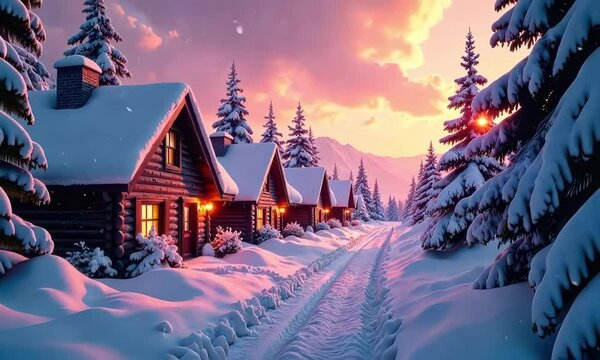 A cozy winter village with small wooden cottages covered snow. Warm, golden light glows from the windows of each house, sunset sky, winter scene,travel, recreation, holidays, ski resort	