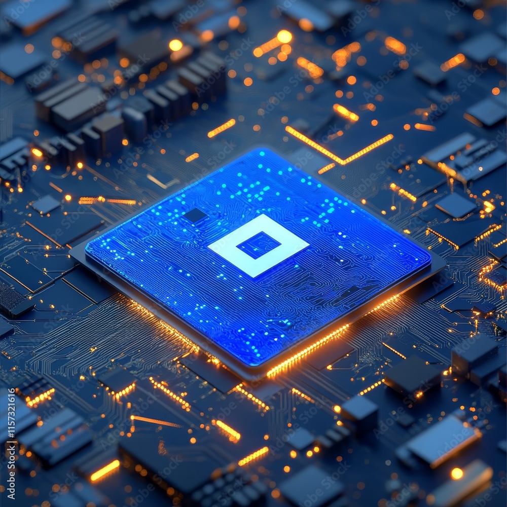 Poster bright blue microchip surrounded by glowing circuit board elements showcasing advanced technology in