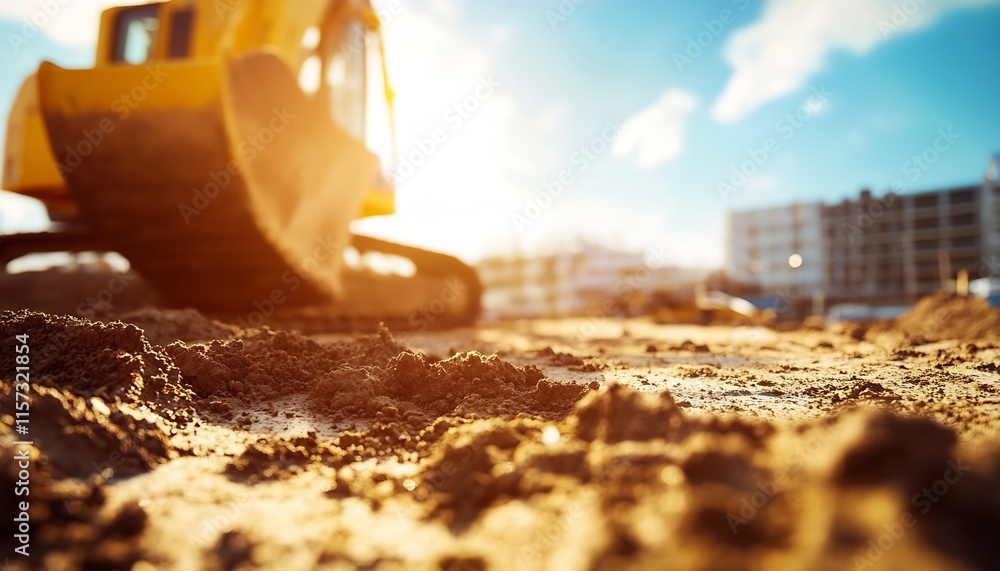 Poster Active Bulldozer on Dynamic Construction Site Under Bright Sky : Generative AI