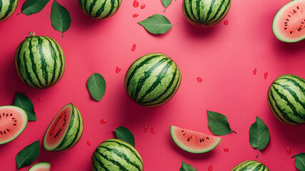 A close up of watermelon slices and leaves on a red background. Scene is fresh and healthy