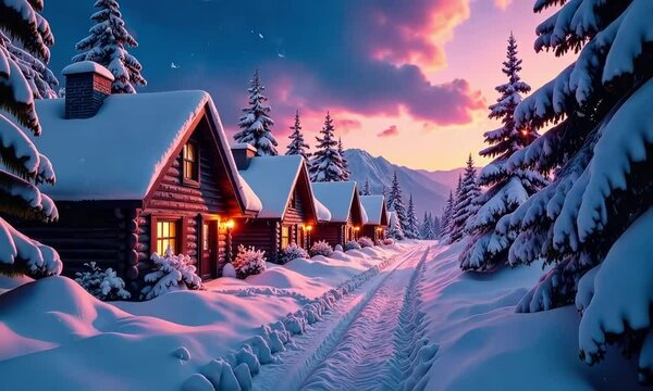 A cozy winter village with small wooden cottages covered snow. Warm, golden light glows from the windows of each house, sunset sky, winter scene,travel, recreation, holidays, ski resort	