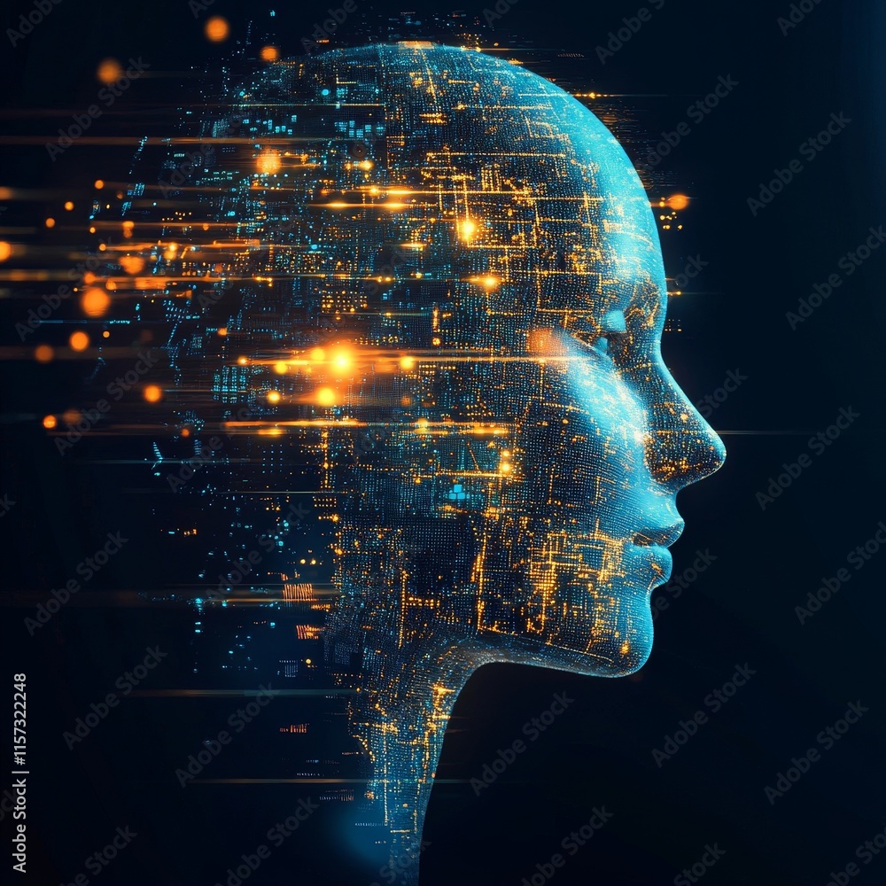 Poster digital abstract representation of a human head with glowing circuits and data streams illustrating 