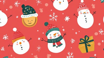 Colorful Holiday Pattern Featuring Cheerful Snowmen, Festive Hats, and Gift Boxes on Bright Red Background Perfect for Seasonal Decorations