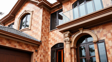 Obraz premium Multi-Story House Exterior with Terracotta Tile Siding and Arch Details