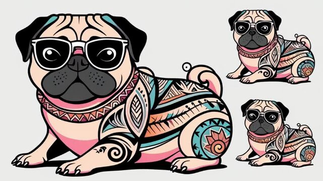 Cute pug and bulldog cartoon characters with glasses and fun masks in a playful vector illustration