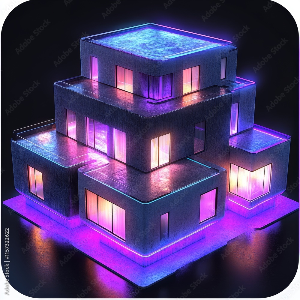 Poster unique illuminated architectural design featuring stacked structures with vibrant neon accents in a 