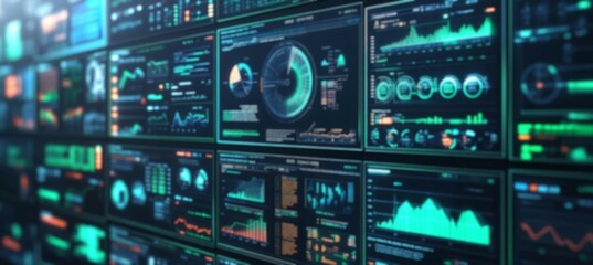 Large collection multiple computer screens various graphs charts Financial analytics dashboard