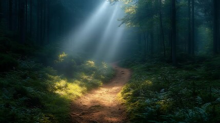 Sunbeams Illuminate Forest Path Through Dark Woods