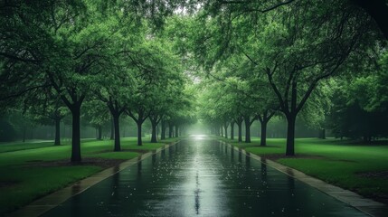 Obraz premium Long straight road middle dense forest is wet asphalt