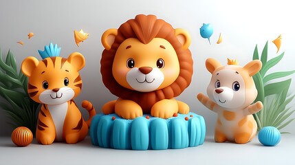 Naklejka premium Cute lion, tiger, and dog on cake.