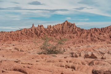 Beautiful tatacoa desert in Colombia with valleys and stunning red landscape.