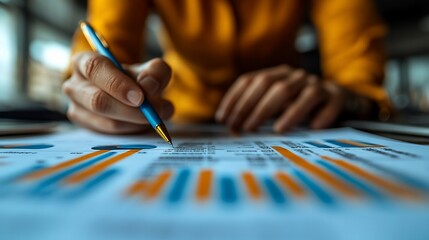 Naklejka premium Close-up of a Person Analyzing Financial Data with a Pen
