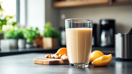 A tall glass of creamy drink sits on a kitchen countertop beside vibrant lemons and nuts, showcasing a serene afternoon atmosphere