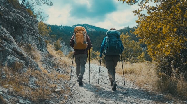 Two adventurers trek on a winding path, embraced by colorful trees and the serenity of nature under a cloudy sky